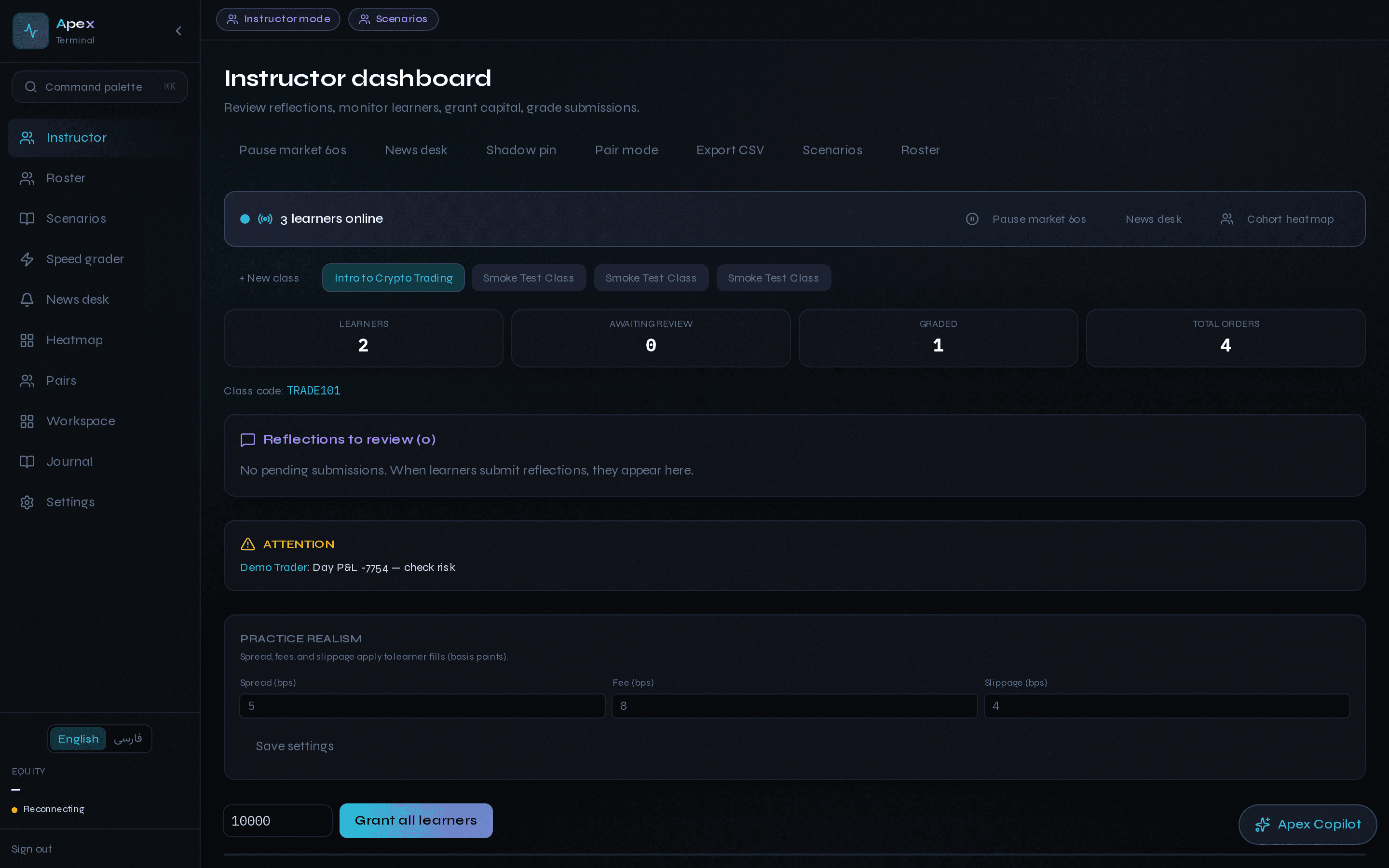 Instructor dashboard with live learner monitoring