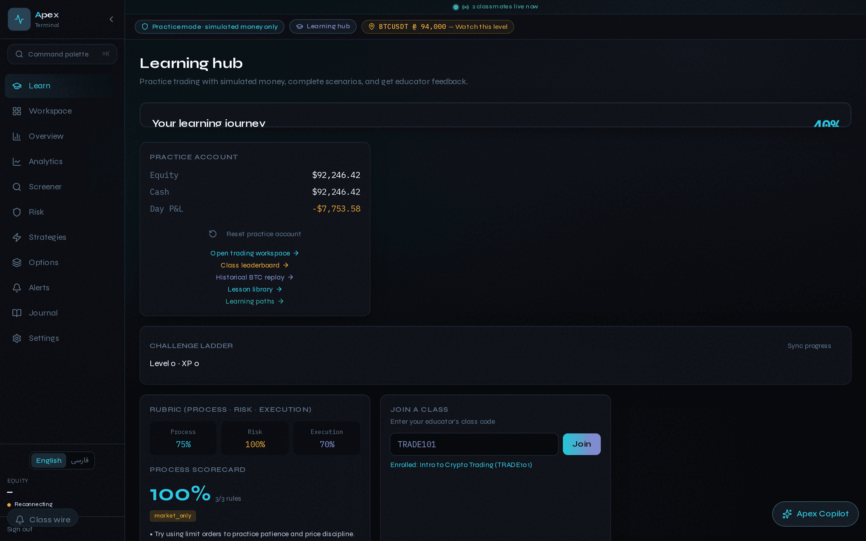 Learning hub with scenarios and challenge ladder