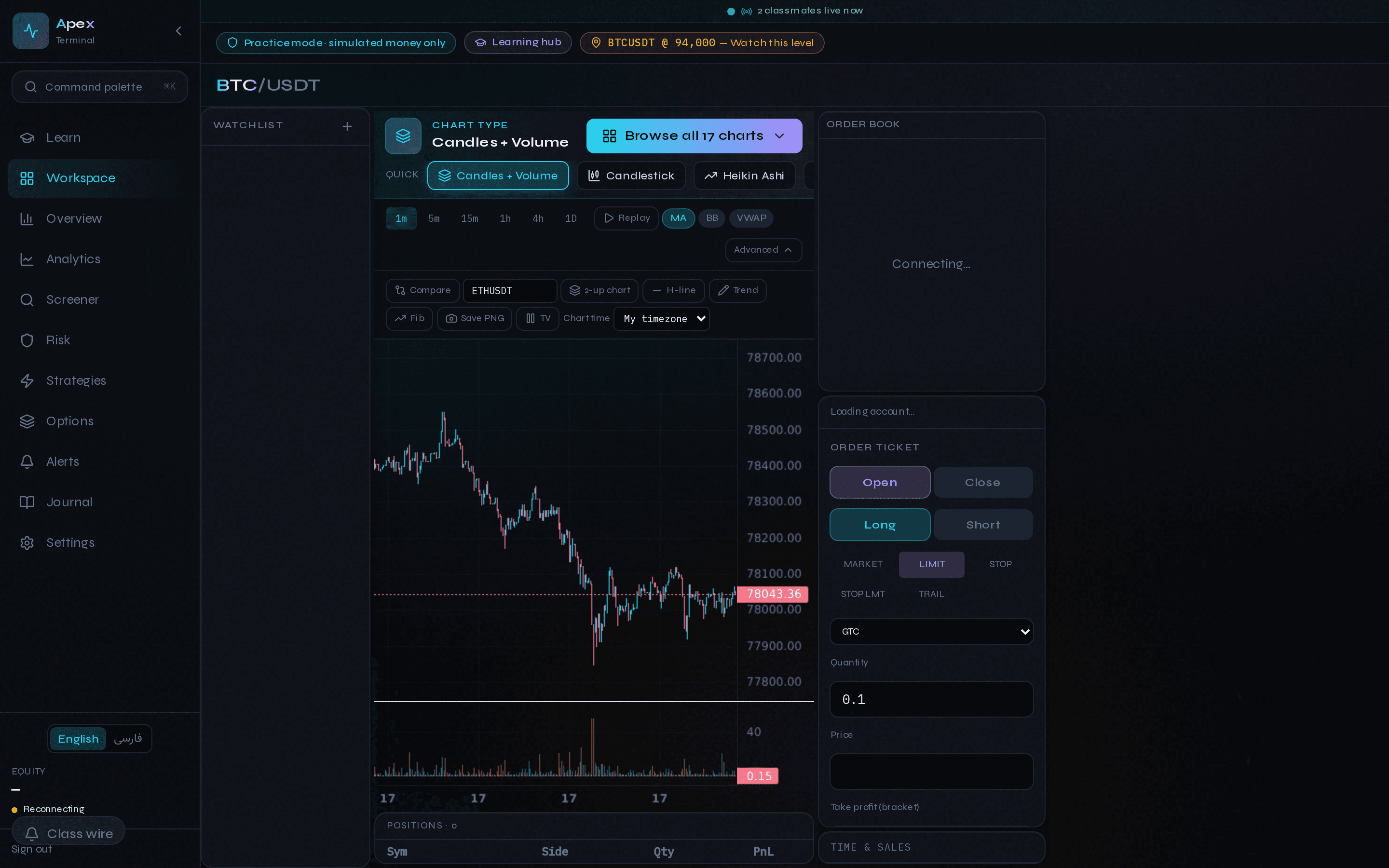Apex trading workspace with BTC/USDT chart and order ticket